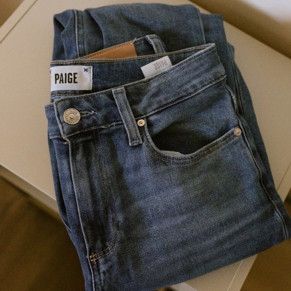 PAIGE Ankle Flare Raw Hem Jeans | Medium Wash | High Rise